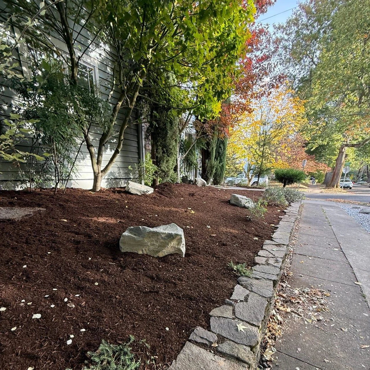 Elevated garden space with bark and rock decorations