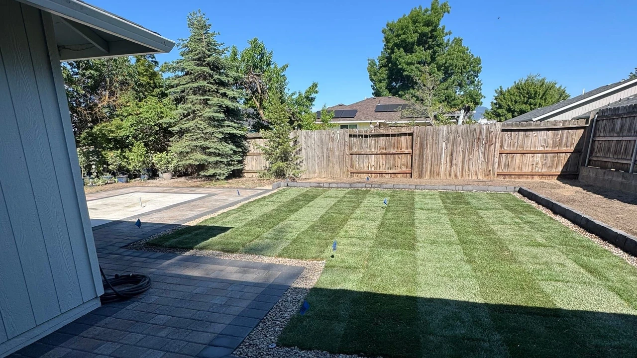 A backyard with a dark paver patio in the foreground, a striped synthetic turf lawn bordered by gravel, a wooden fence, trees, and a clear blue sky.