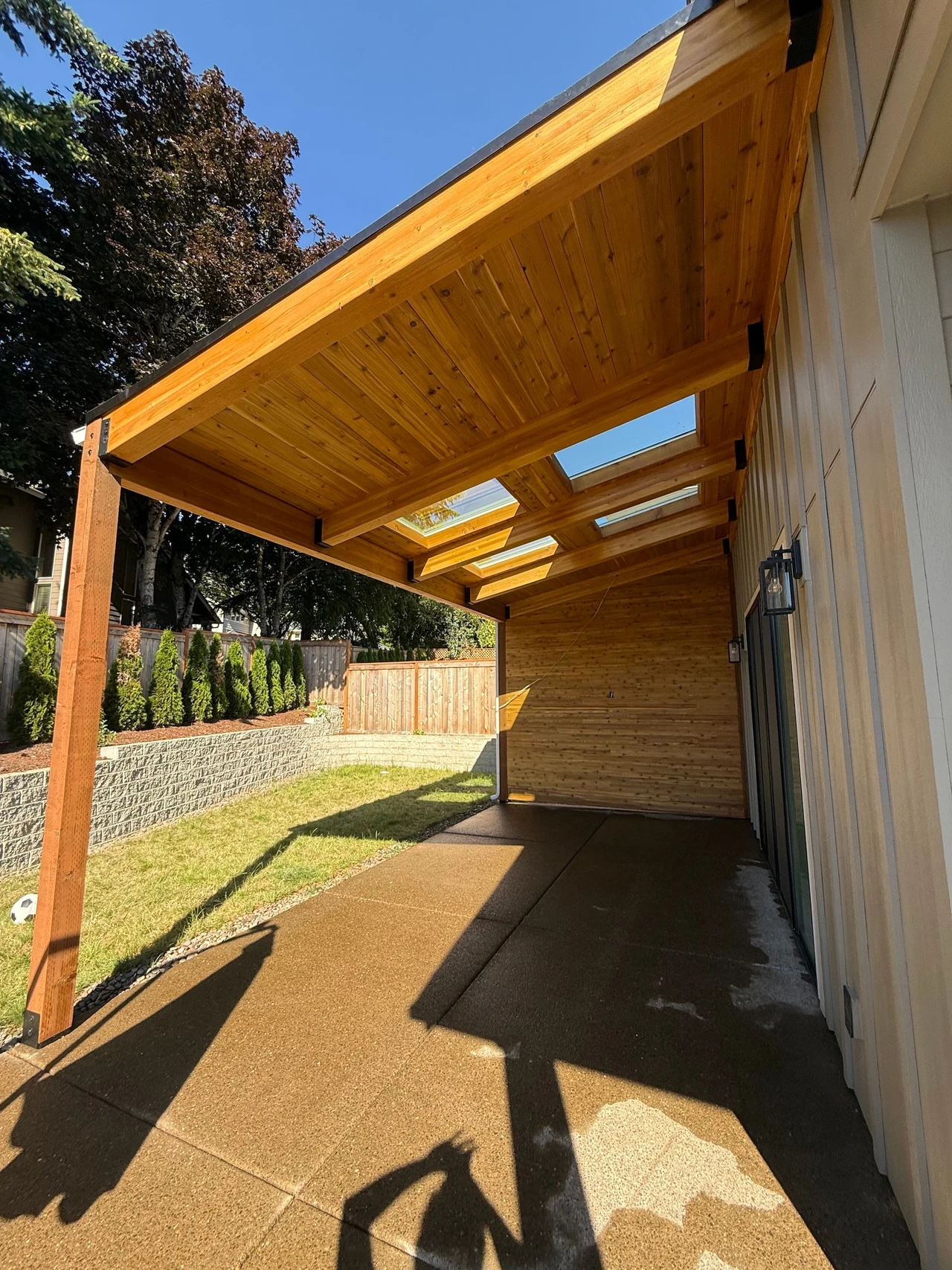 Patio cover made of a bright wood