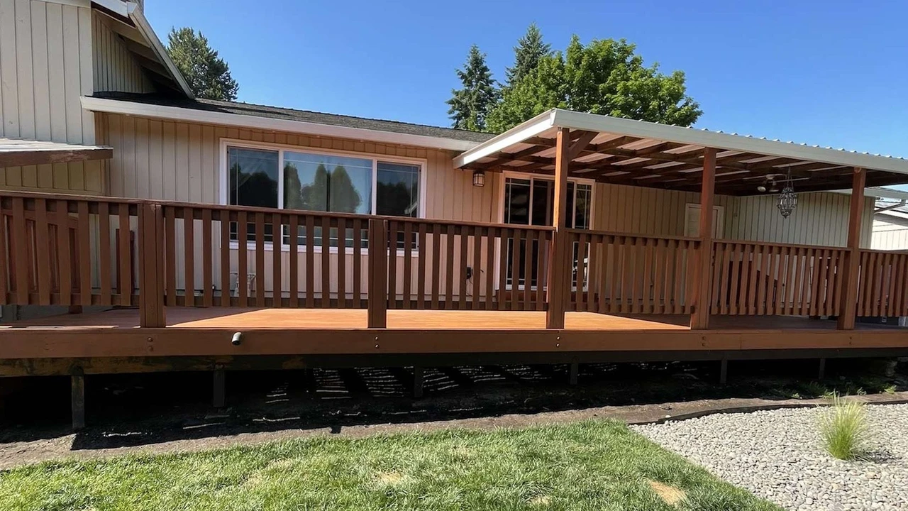 Brown elevated deck that is part of a backyard