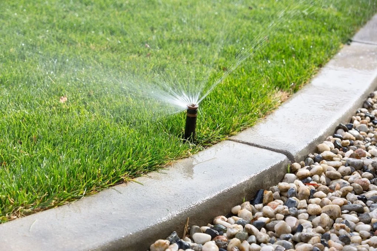 Close up look of a lawn with a single sprinkler spraying towards the center of the lawn