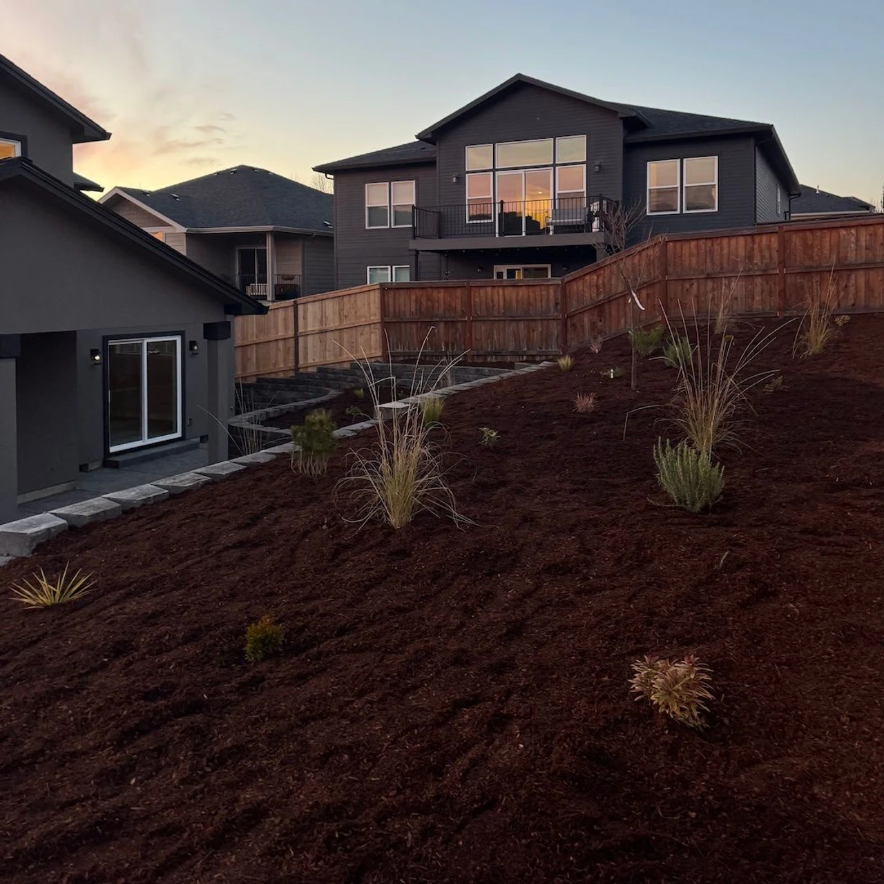 A wood chip landscape installation with a few scattered grasses growing 