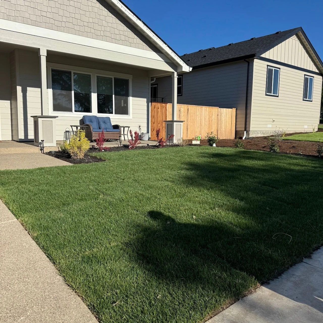 Square lawn with forrest green grass and 2 houses in the background
