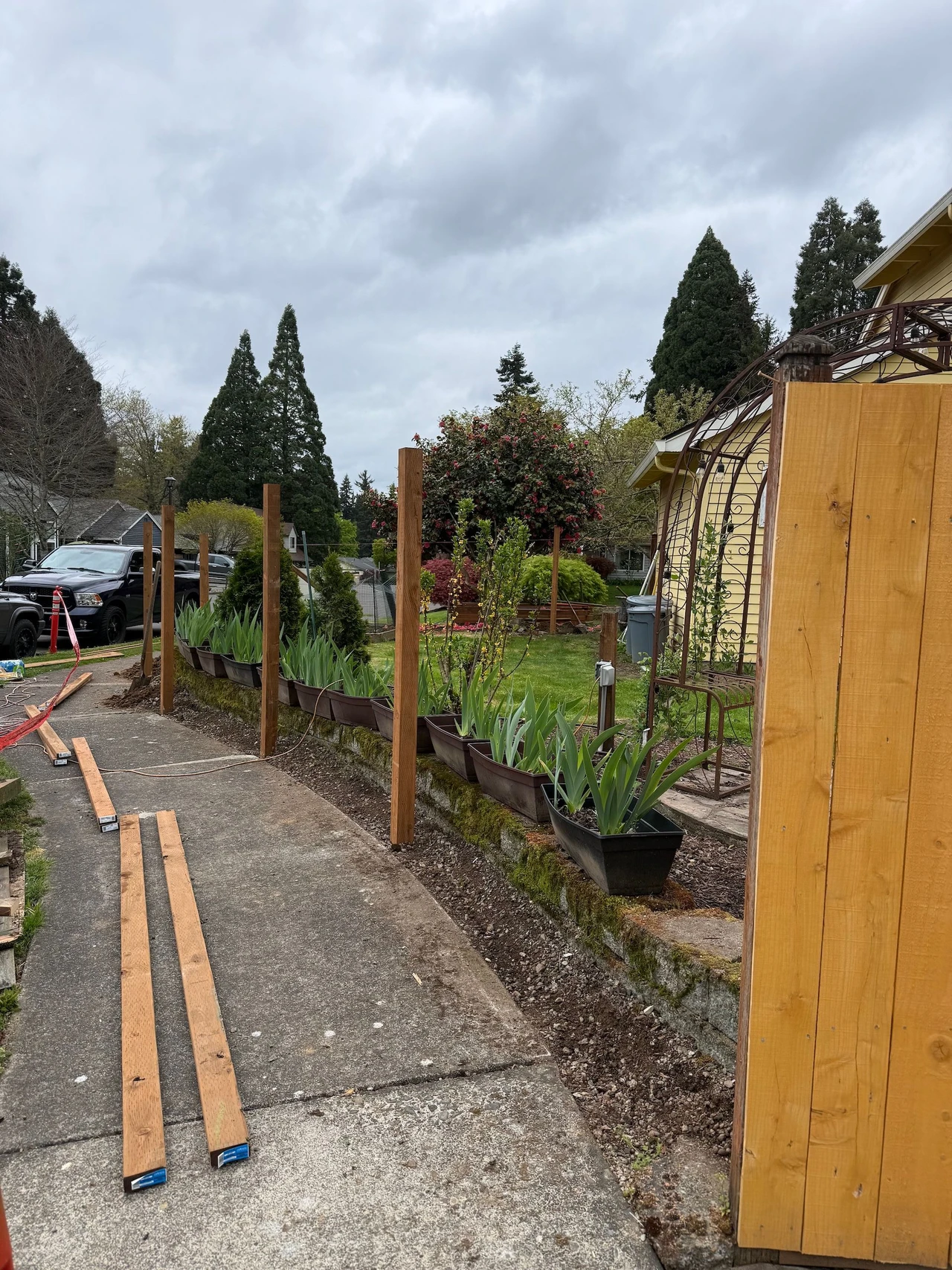 Fence planks ready to install onto fence posts placed on the side of a garden