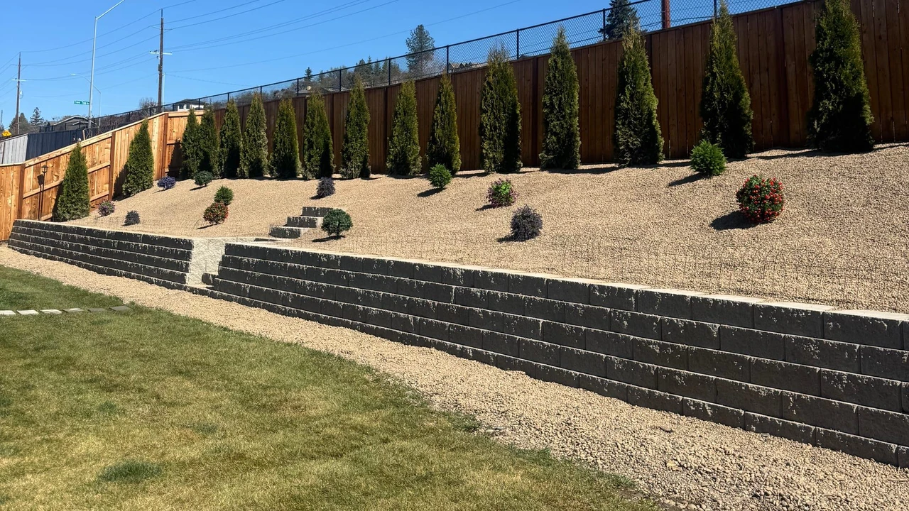 A landscaped sloped yard with dark retaining walls, gravel ground cover, rows of small conifer trees, a wooden fence, and a grassy lawn under a clear blue sky.