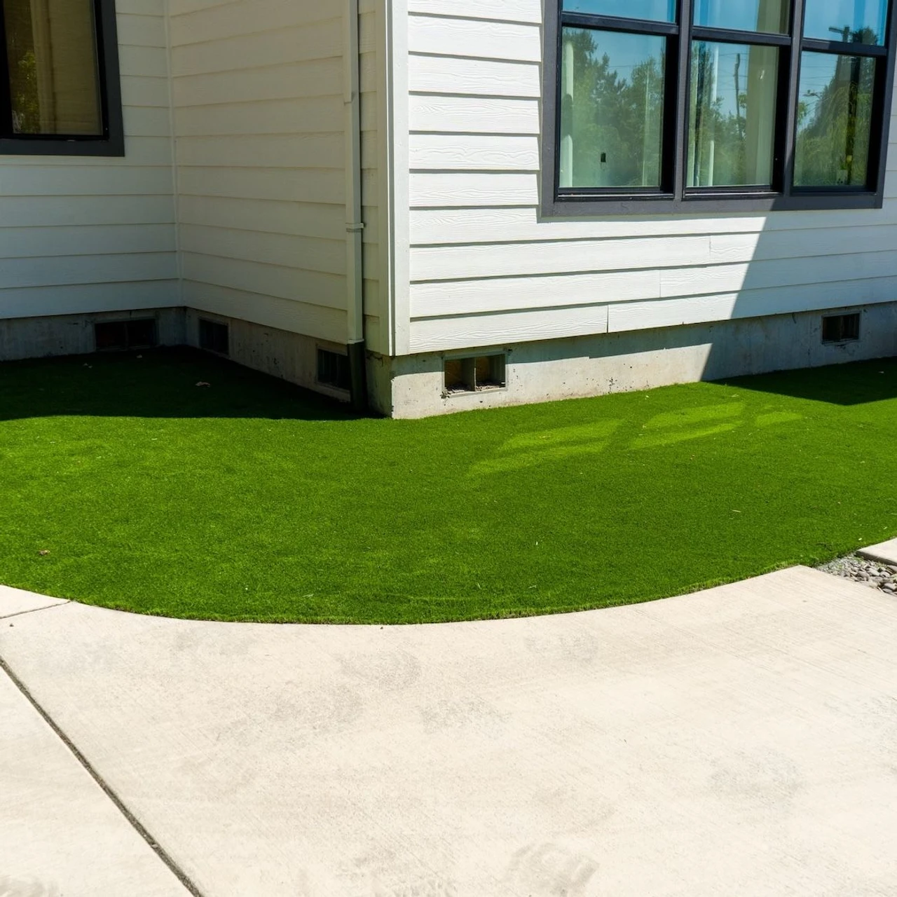 Corner of a house with a small patch of decorative turf